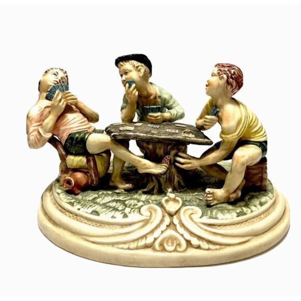 Vintage Capodimonte Style Figurine Sculpture Kids Playing Cards Poker Cheating